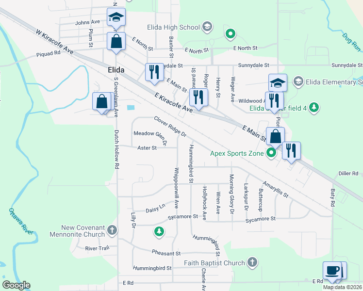 map of restaurants, bars, coffee shops, grocery stores, and more near 3108 Whippoorwill Avenue in Elida