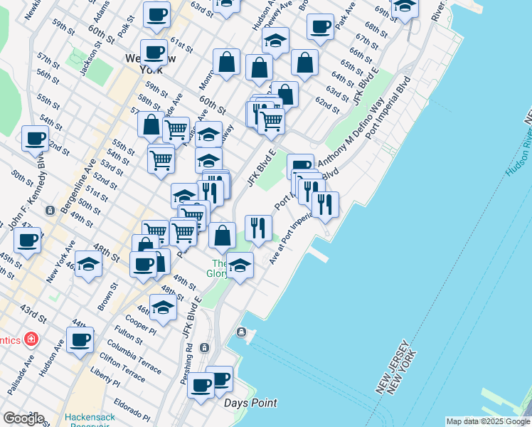map of restaurants, bars, coffee shops, grocery stores, and more near 11 Port Imperial Boulevard in West New York