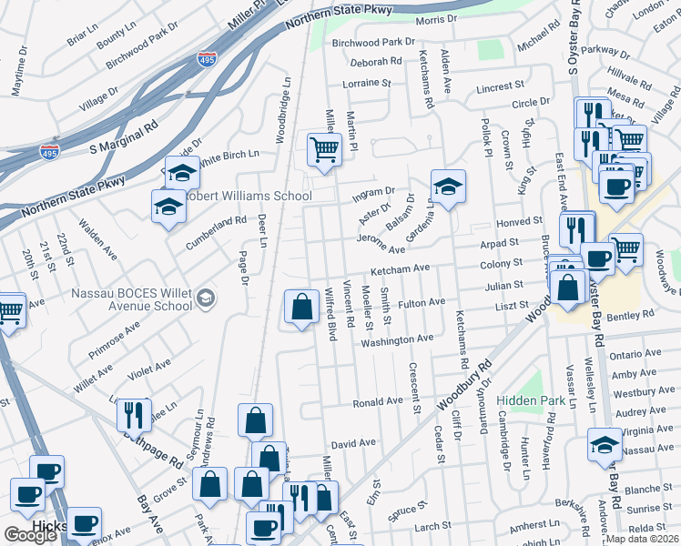 map of restaurants, bars, coffee shops, grocery stores, and more near 12 Ketcham Avenue in Hicksville