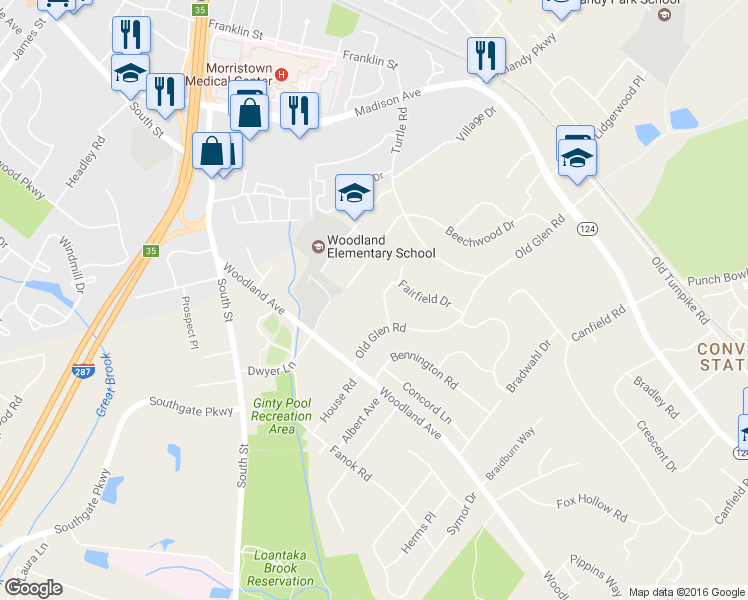 map of restaurants, bars, coffee shops, grocery stores, and more near 3 Fairfield Drive in Morristown