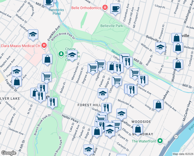 map of restaurants, bars, coffee shops, grocery stores, and more near 895 Lake Street in Newark