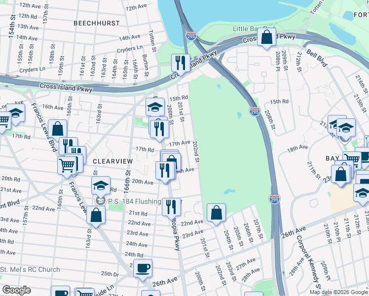 map of restaurants, bars, coffee shops, grocery stores, and more near 17-6 201st Street in Queens