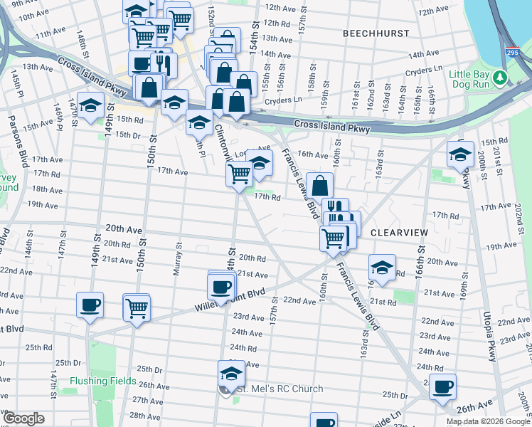 map of restaurants, bars, coffee shops, grocery stores, and more near 18-17 Clintonville Street in Queens