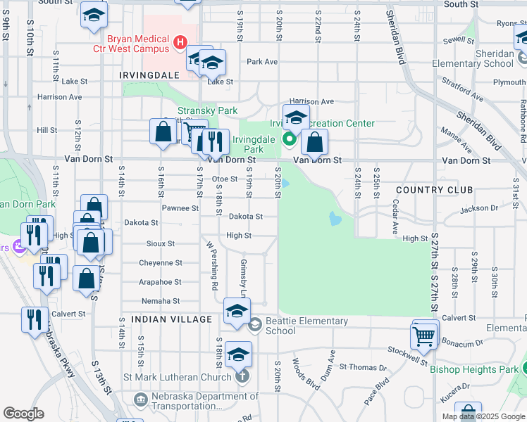 map of restaurants, bars, coffee shops, grocery stores, and more near 1930 Dakota St in Lincoln