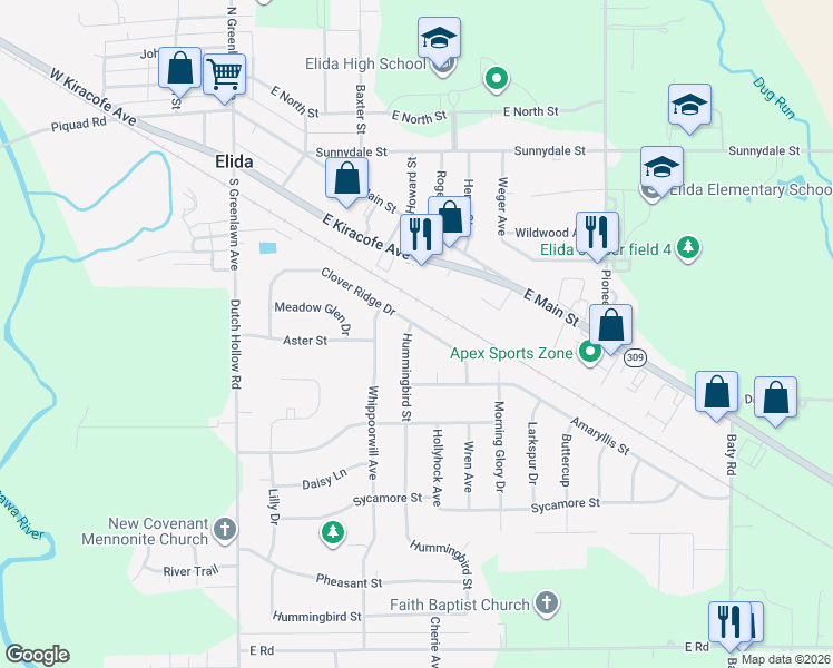 map of restaurants, bars, coffee shops, grocery stores, and more near 5665 Clover Ridge Drive in Elida