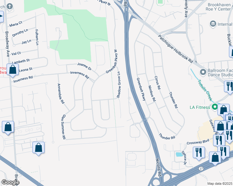 map of restaurants, bars, coffee shops, grocery stores, and more near 49 Shadow Grove Lane in Holbrook