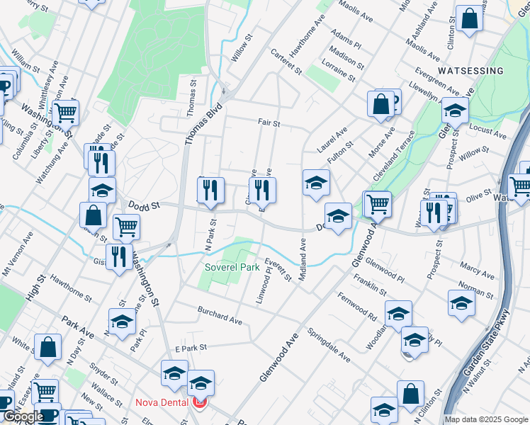 map of restaurants, bars, coffee shops, grocery stores, and more near 152 Brighton Avenue in East Orange