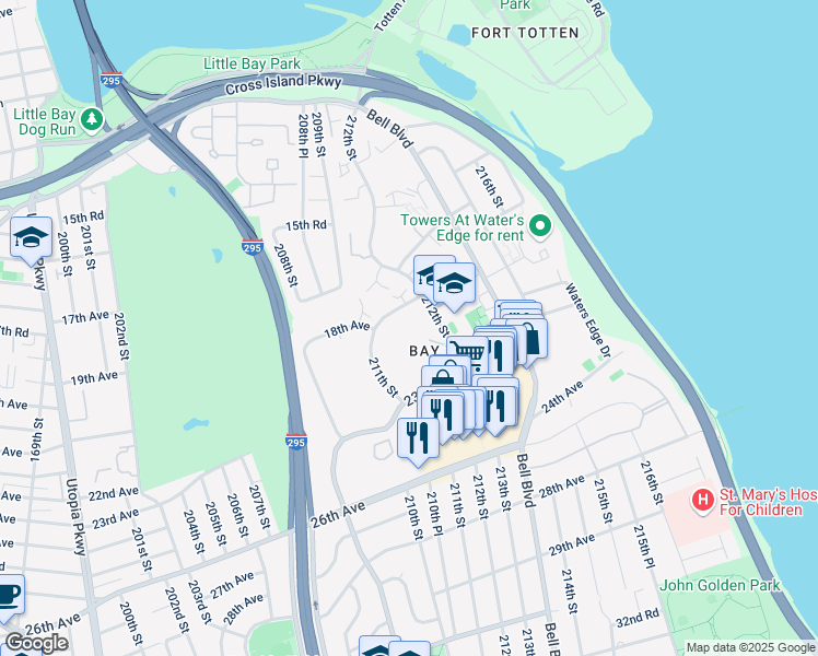 map of restaurants, bars, coffee shops, grocery stores, and more near 211-40 18th Avenue in Queens