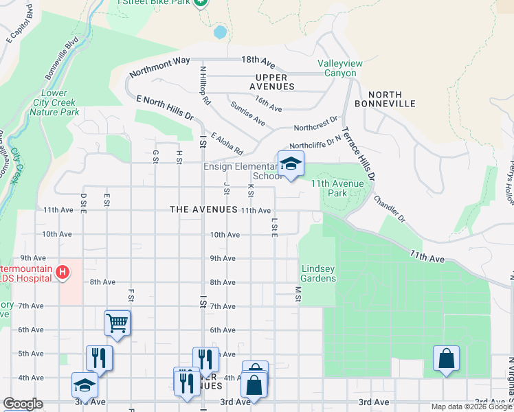 map of restaurants, bars, coffee shops, grocery stores, and more near 558 K Street East in Salt Lake City