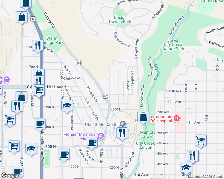 map of restaurants, bars, coffee shops, grocery stores, and more near 576 Columbus Street East in Salt Lake City