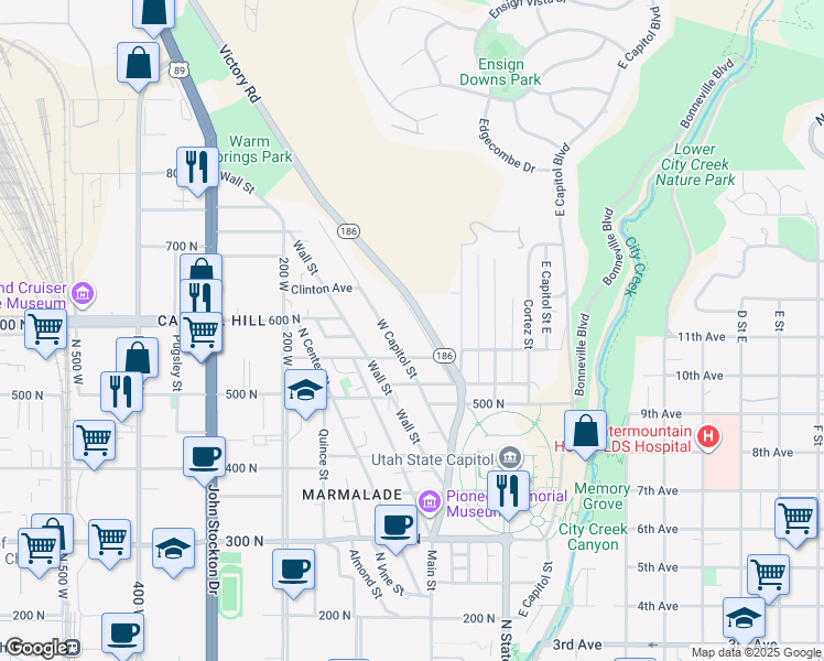 map of restaurants, bars, coffee shops, grocery stores, and more near 580 West Capitol Street in Salt Lake City