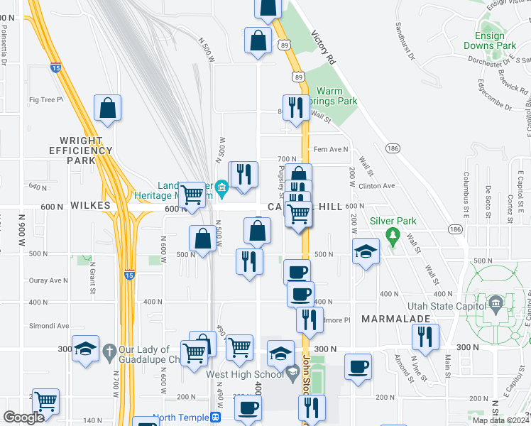 map of restaurants, bars, coffee shops, grocery stores, and more near 359 600 North in Salt Lake City