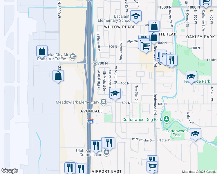map of restaurants, bars, coffee shops, grocery stores, and more near 573 Sir Patrick Drive West in Salt Lake City