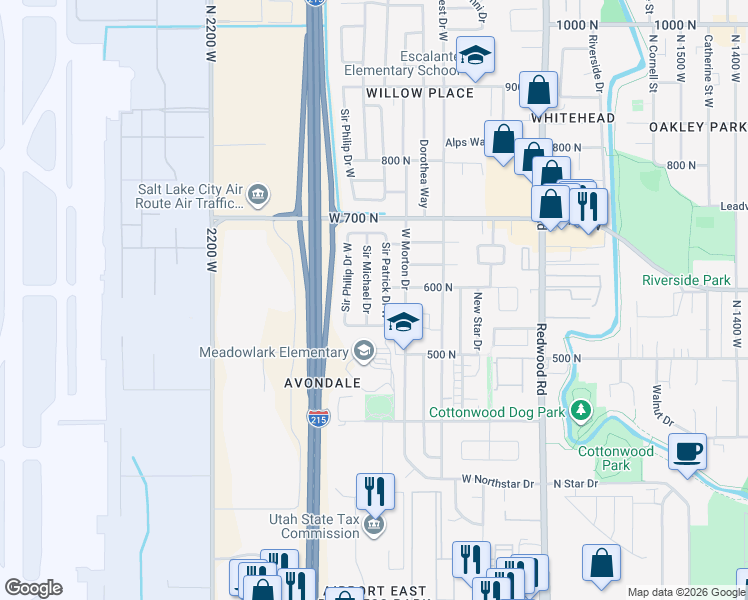 map of restaurants, bars, coffee shops, grocery stores, and more near 573 Sir Patrick Drive West in Salt Lake City