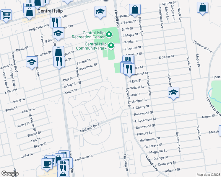 map of restaurants, bars, coffee shops, grocery stores, and more near 25 Weatherby Lane in Central Islip