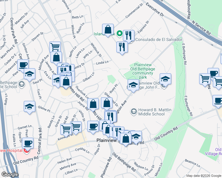 map of restaurants, bars, coffee shops, grocery stores, and more near 3 Ruey Place in Plainview