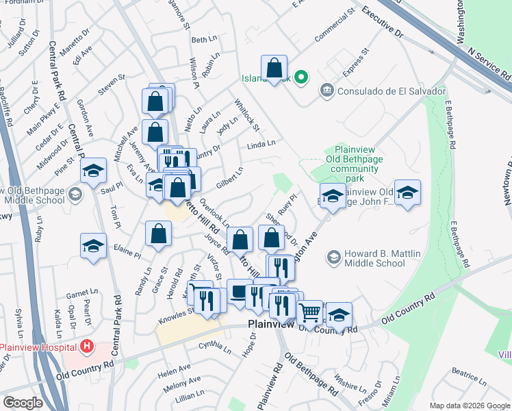 map of restaurants, bars, coffee shops, grocery stores, and more near 17 Avondale Road in Plainview