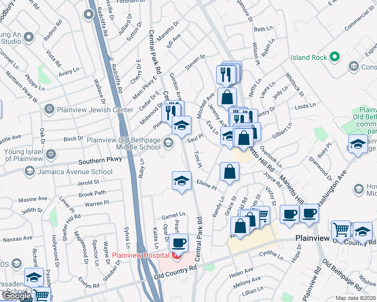 map of restaurants, bars, coffee shops, grocery stores, and more near 25 Toni Place in Plainview
