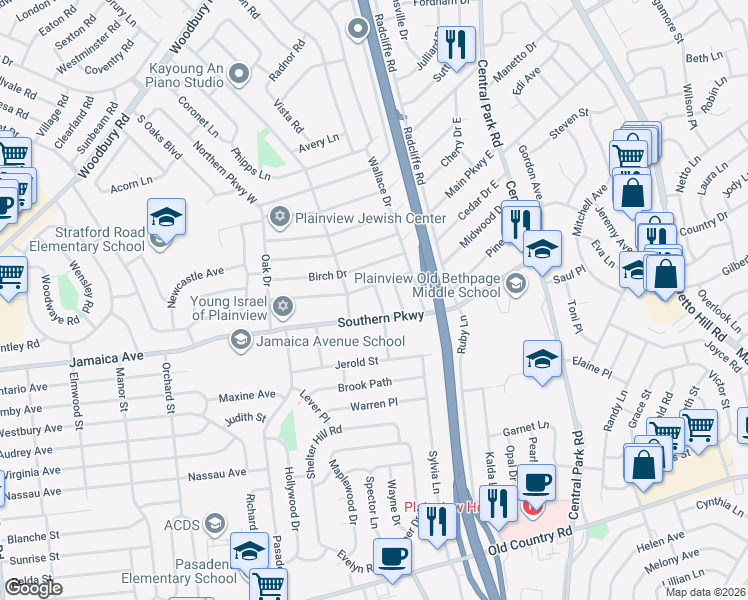 map of restaurants, bars, coffee shops, grocery stores, and more near 9 Arthur Place in Plainview