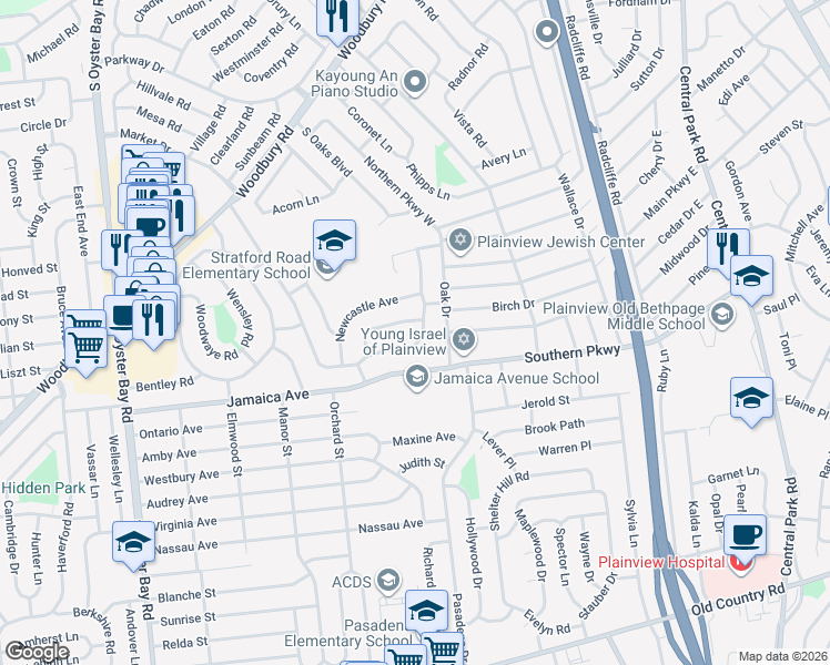 map of restaurants, bars, coffee shops, grocery stores, and more near 95 Plymouth Road in Plainview