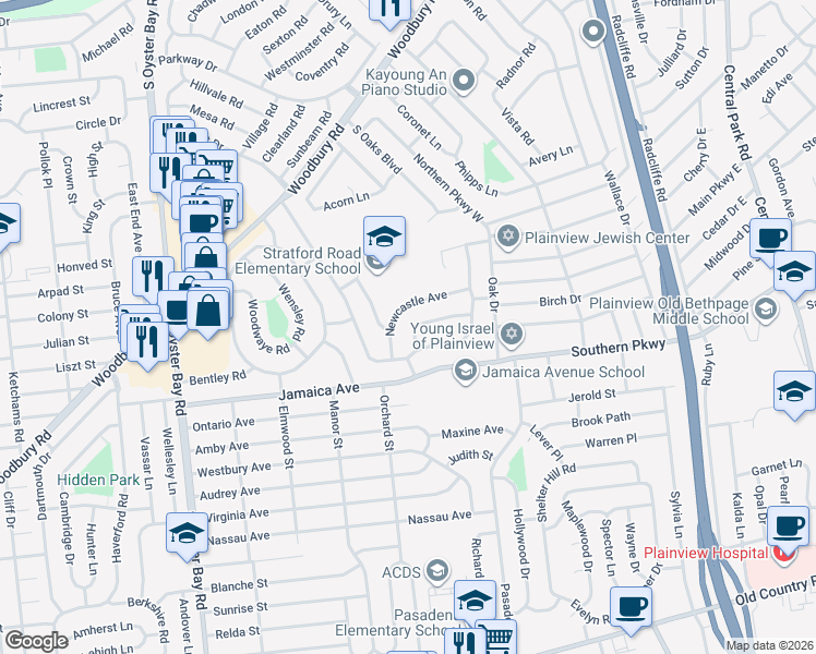 map of restaurants, bars, coffee shops, grocery stores, and more near 7 Newcastle Avenue in Plainview