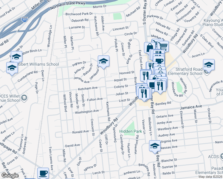 map of restaurants, bars, coffee shops, grocery stores, and more near 53 Ketchams Road in Hicksville