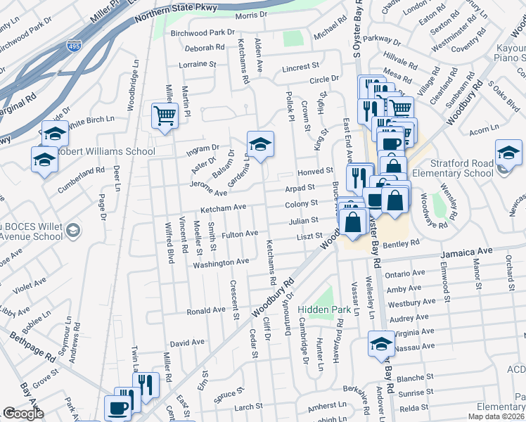 map of restaurants, bars, coffee shops, grocery stores, and more near 53 Ketchams Road in Hicksville
