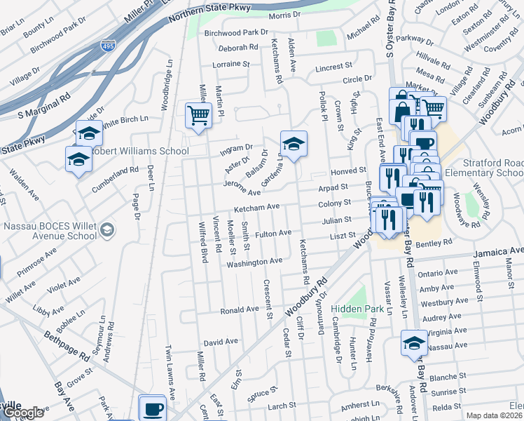 map of restaurants, bars, coffee shops, grocery stores, and more near 39 Ketcham Avenue in Hicksville