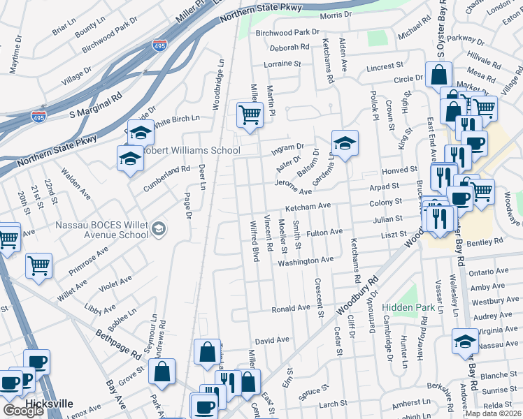 map of restaurants, bars, coffee shops, grocery stores, and more near 12 Ketcham Avenue in Hicksville