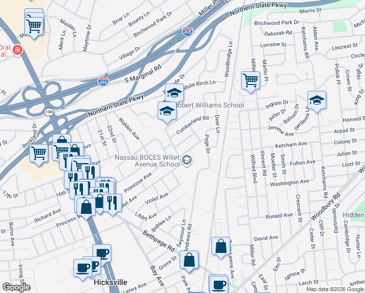 map of restaurants, bars, coffee shops, grocery stores, and more near 8 Sutherland Road in Hicksville