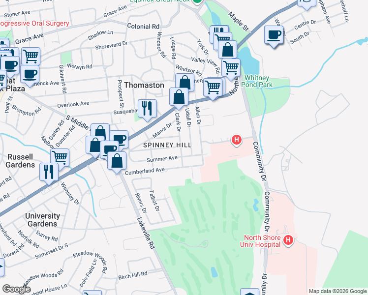 map of restaurants, bars, coffee shops, grocery stores, and more near 111 Udall Drive in Great Neck