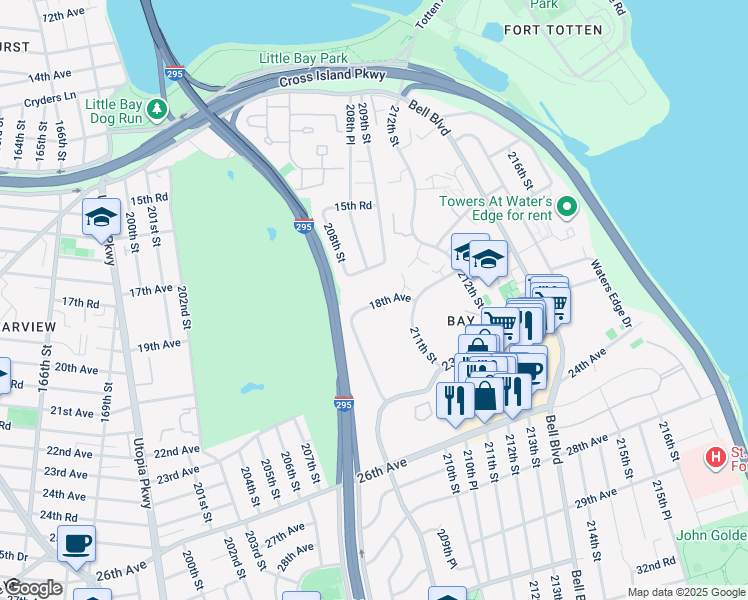 map of restaurants, bars, coffee shops, grocery stores, and more near 209-25 18th Avenue in Queens