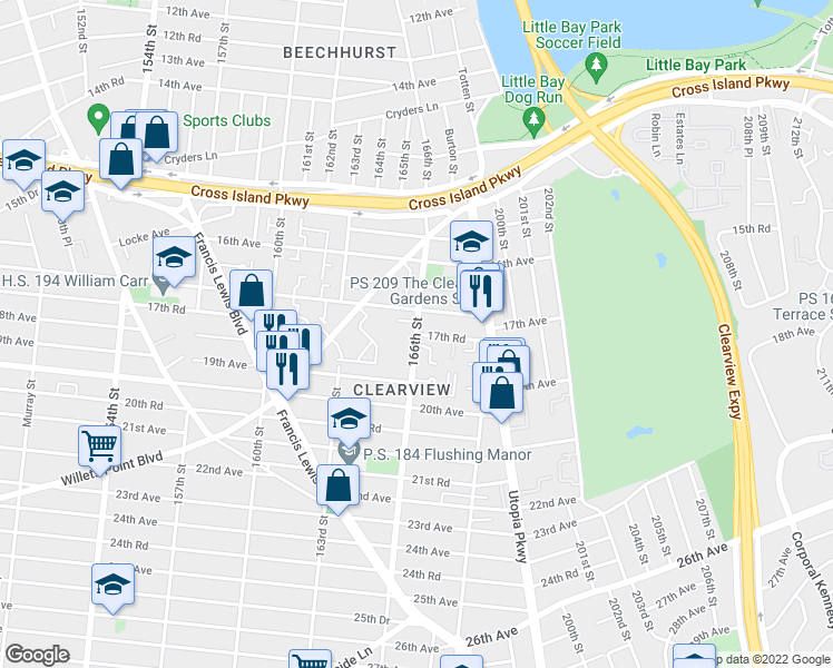map of restaurants, bars, coffee shops, grocery stores, and more near 166-2 17th Road in Queens