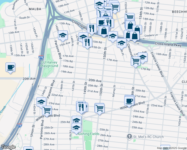 map of restaurants, bars, coffee shops, grocery stores, and more near 149-48 19th Avenue in Queens