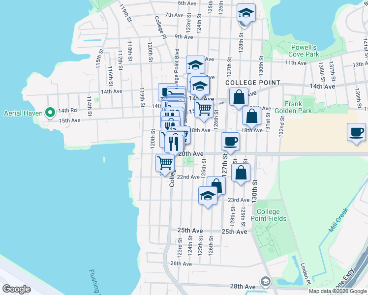 map of restaurants, bars, coffee shops, grocery stores, and more near 18-40 123rd Street in Queens