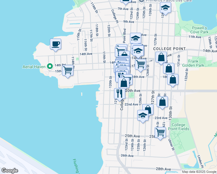 map of restaurants, bars, coffee shops, grocery stores, and more near 18-42 120th Street in Queens
