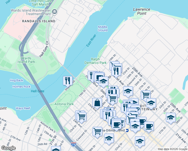 map of restaurants, bars, coffee shops, grocery stores, and more near 21-47 19th Street in Queens