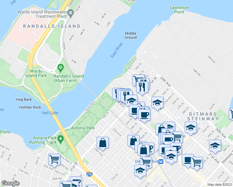 map of restaurants, bars, coffee shops, grocery stores, and more near 18-37 Ditmars Boulevard in Queens