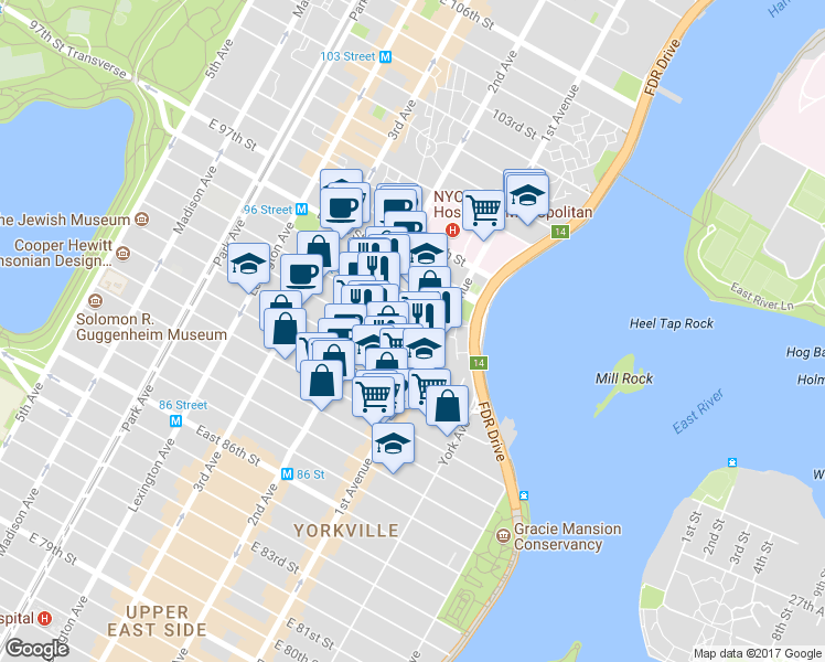 map of restaurants, bars, coffee shops, grocery stores, and more near 327 East 93rd Street in New York
