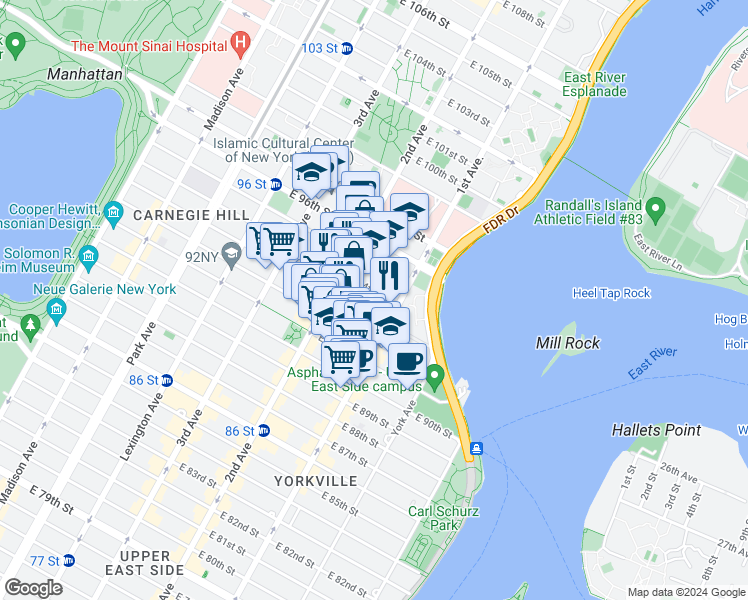 map of restaurants, bars, coffee shops, grocery stores, and more near 327 East 93rd Street in New York