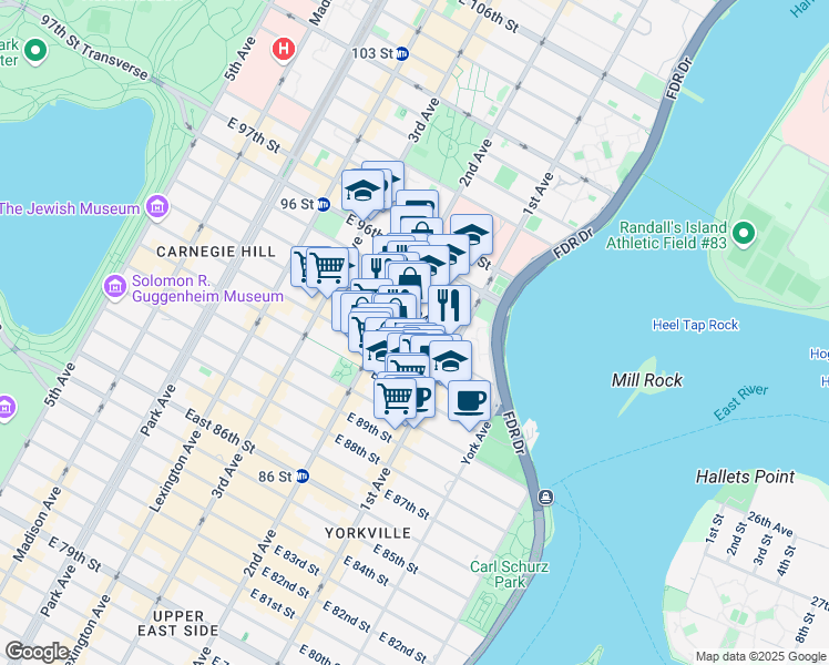 map of restaurants, bars, coffee shops, grocery stores, and more near 327 East 93rd Street in New York