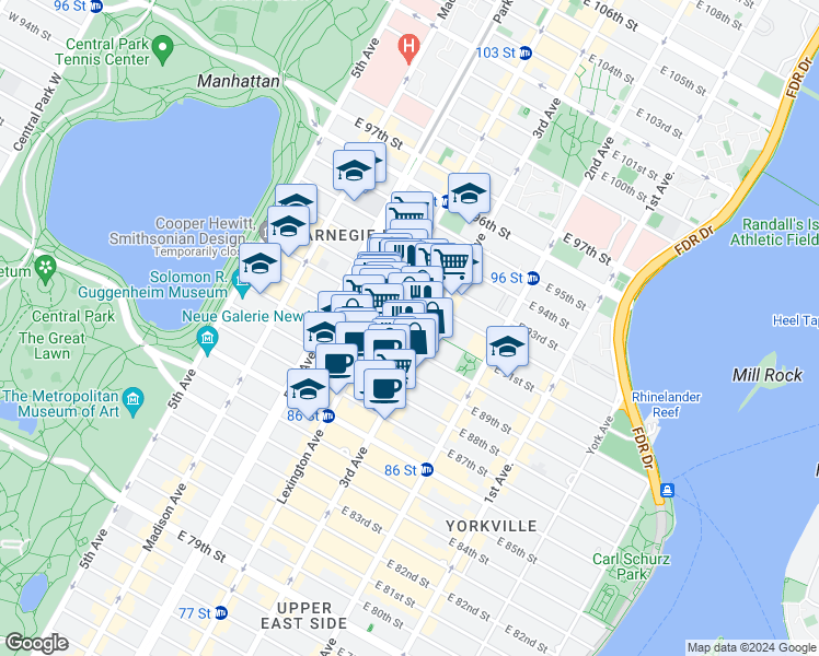 map of restaurants, bars, coffee shops, grocery stores, and more near 161 East 90th Street in New York