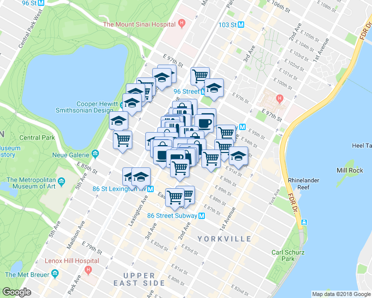map of restaurants, bars, coffee shops, grocery stores, and more near 161 East 90th Street in New York