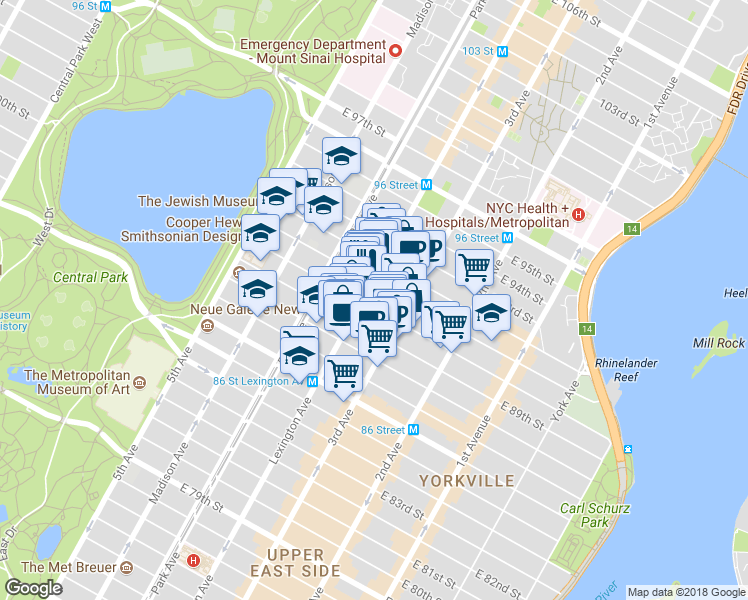 map of restaurants, bars, coffee shops, grocery stores, and more near 161 East 90th Street in New York