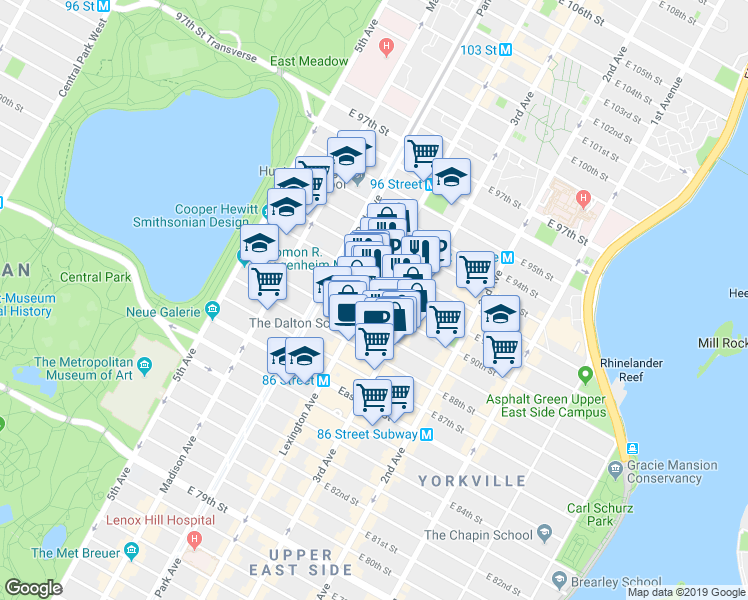 map of restaurants, bars, coffee shops, grocery stores, and more near 161 East 90th Street in New York