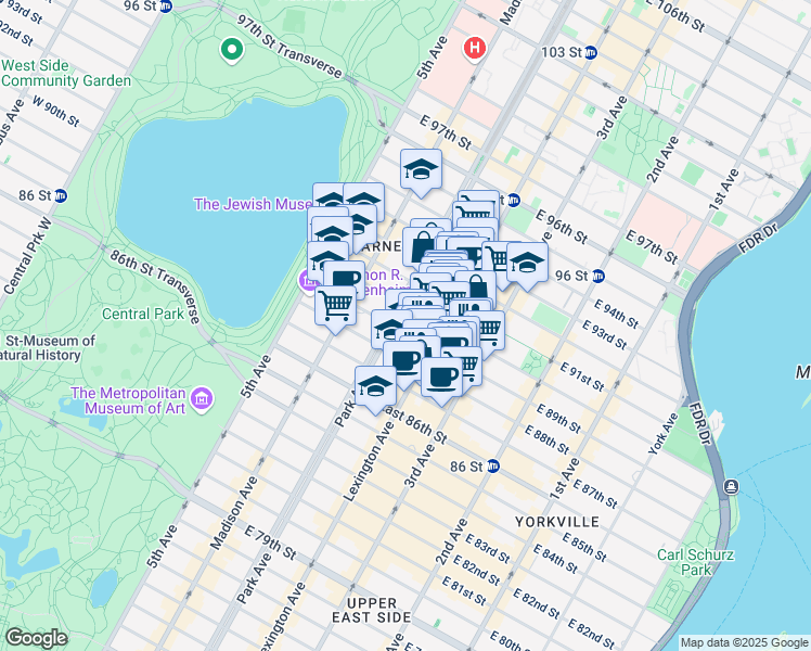 map of restaurants, bars, coffee shops, grocery stores, and more near 114 East 90th Street in New York