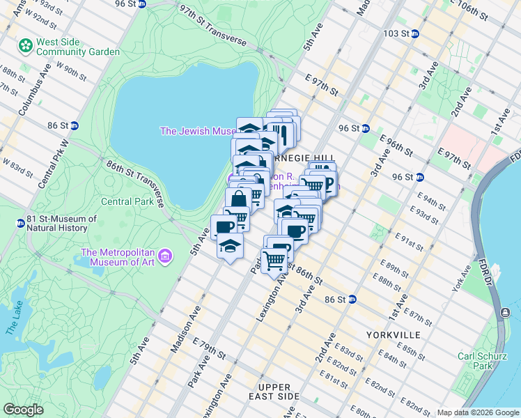 map of restaurants, bars, coffee shops, grocery stores, and more near 49 East 88th Street in New York