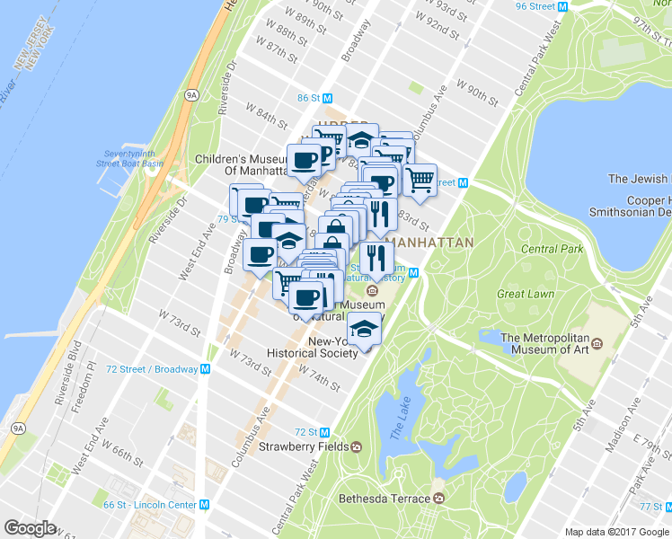 map of restaurants, bars, coffee shops, grocery stores, and more near Columbus Avenue in New York