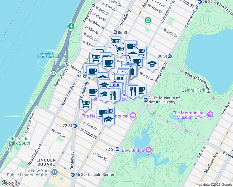 map of restaurants, bars, coffee shops, grocery stores, and more near Columbus Avenue in New York