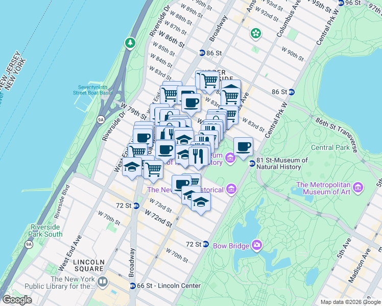 map of restaurants, bars, coffee shops, grocery stores, and more near 129 West 78th Street in New York